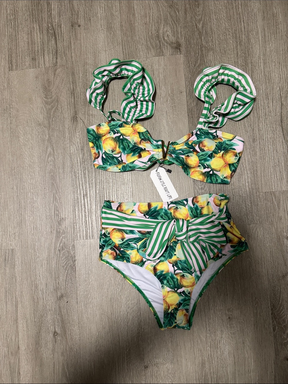 High-Waist Lemon Print Bikini Set in Green and Yellow